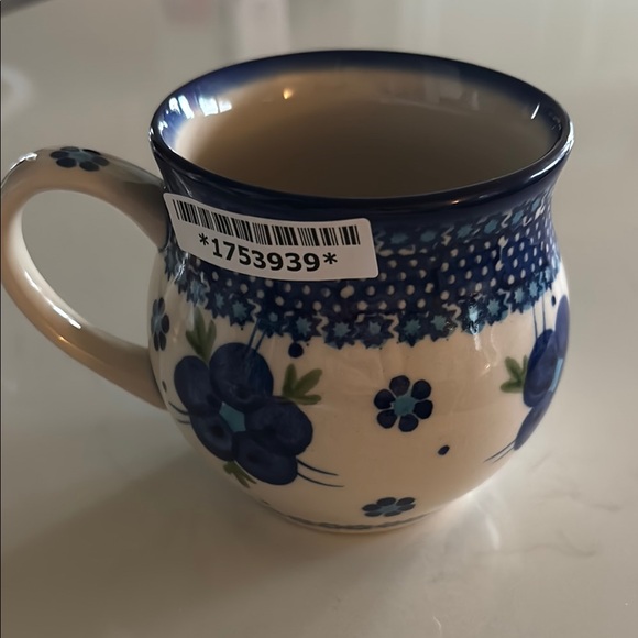 Authentic Polish Pottery Blue Floral Ceramic Mug - Picture 4 of 6